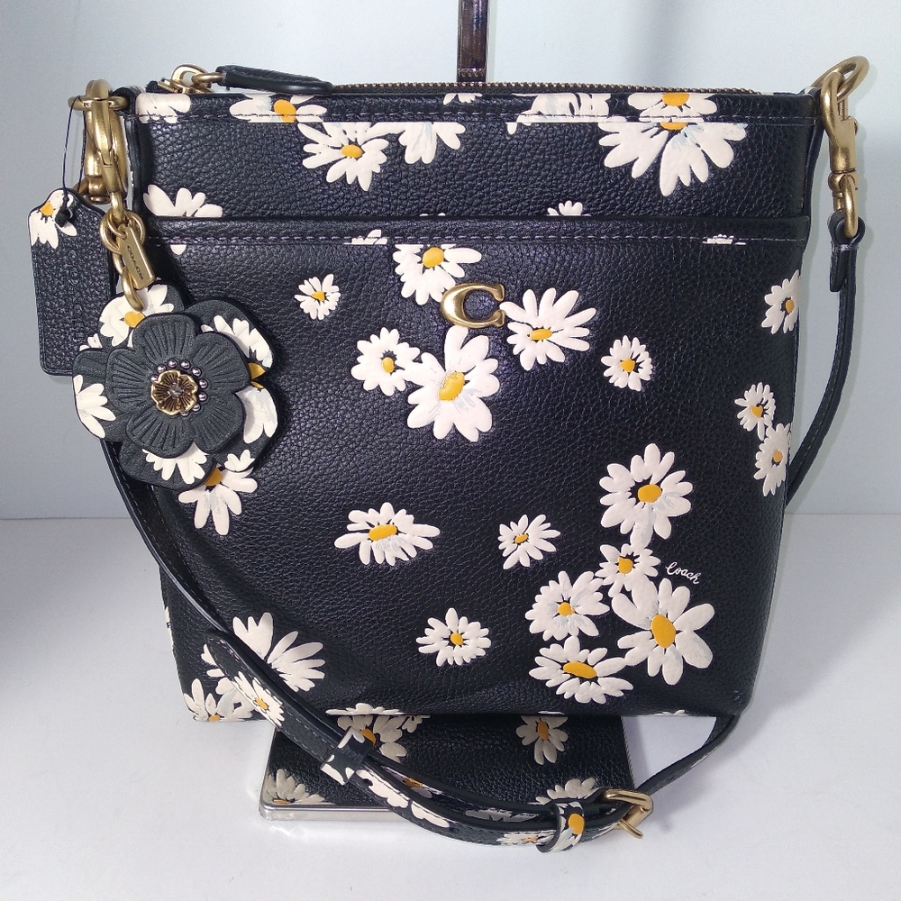 Coach Kitt Messenger Daisy Print Black Leather Crossbody Bag